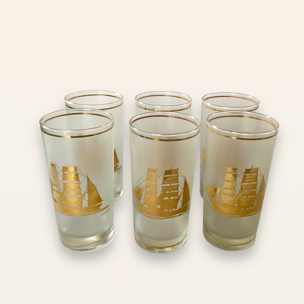 Culver Vintage 22k Gold Schooner Ship Frosted HighBall Glassware Bar SET OF 6